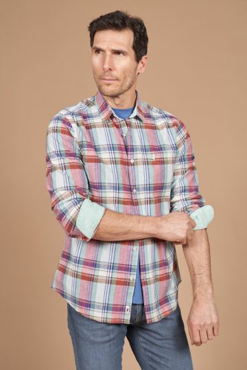 Cotton linen big check shirt