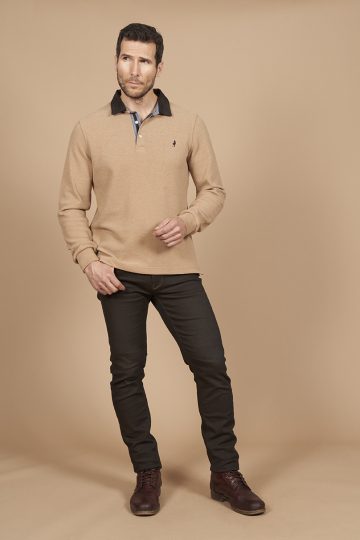 Long sleeve polo shirt with suede collar